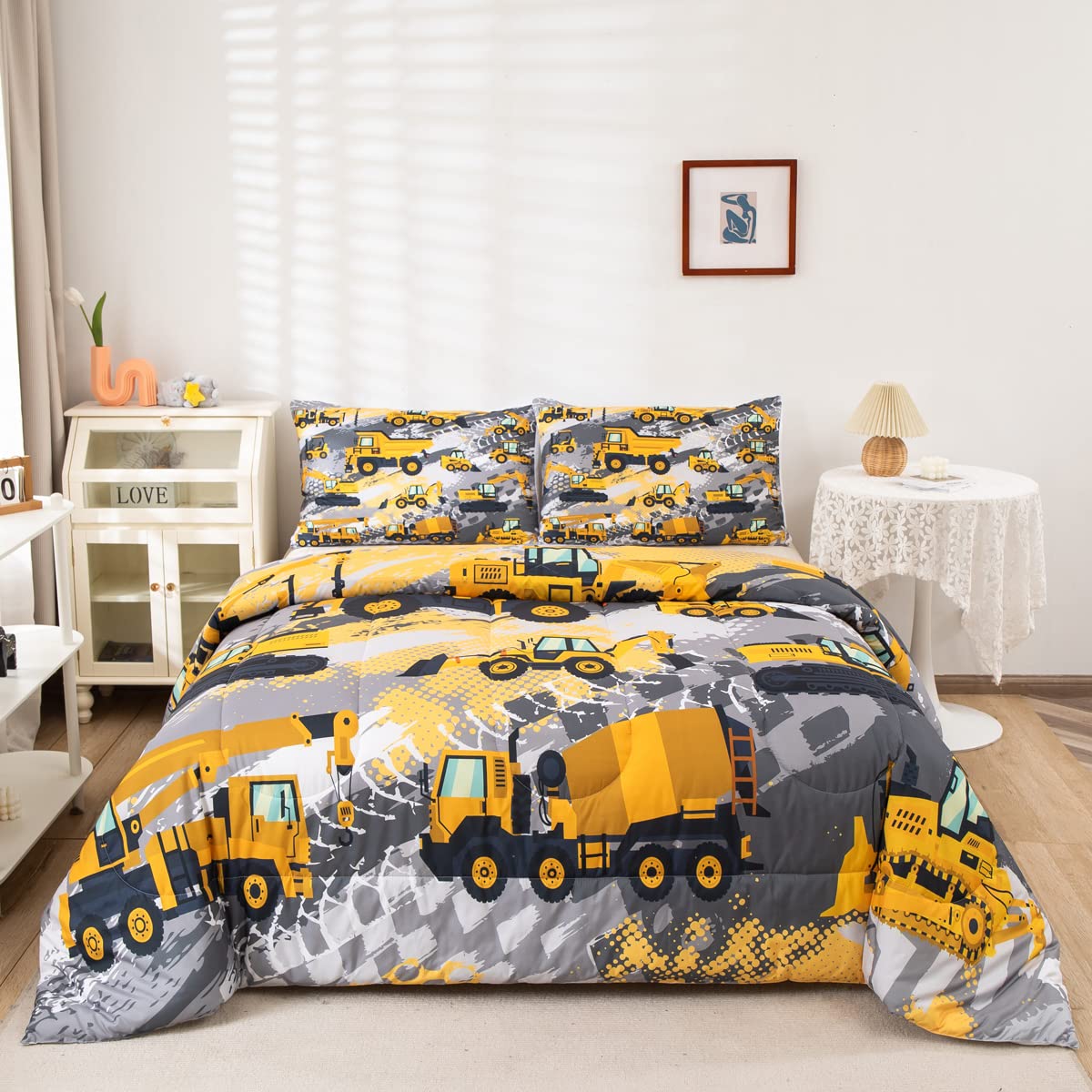 Feelyou Boys Construction Bedding Set Full Size Comforter For Boys Kids Tractor Comforter Set Toddler Construction Decorations C