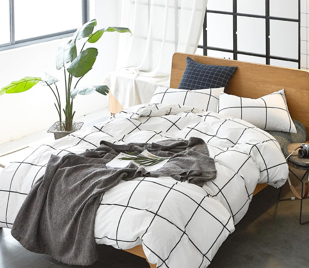 Clothknow White Plaid Comforter Set Full 3Pcs White Black Bedding Comforter Sets Checker Comforter Full Size White Black Comfort