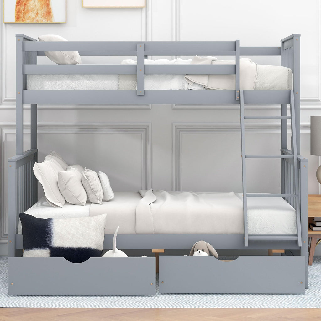 Merax Wood Bunk Bed With Drawers,Convertible Wood Bunk Bed With Ladders And Two Storage Drawers,Solid Wood Detachable Bunk Bed Frame With Ladders,Twin Over Full Size,Grey