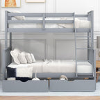 Merax Wood Bunk Bed With Drawers,Convertible Wood Bunk Bed With Ladders And Two Storage Drawers,Solid Wood Detachable Bunk Bed Frame With Ladders,Twin Over Full Size,Grey
