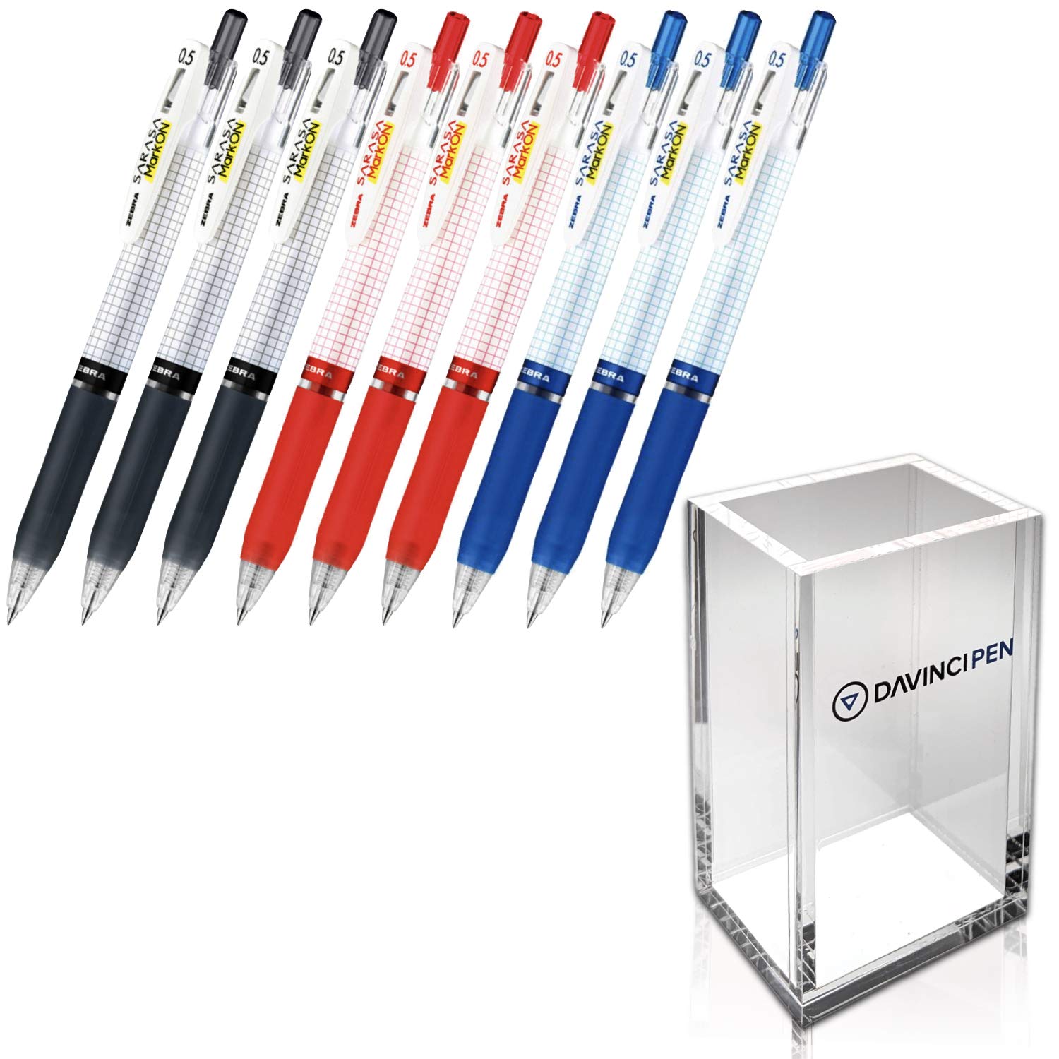 Zebra Sarasa Mark On Gel Ink Ballpoint Pens Ink 3Color Set(Black,Blue,Red)0.5Mm Total 9 With Davincipen Acrylic Pen Holder Clear