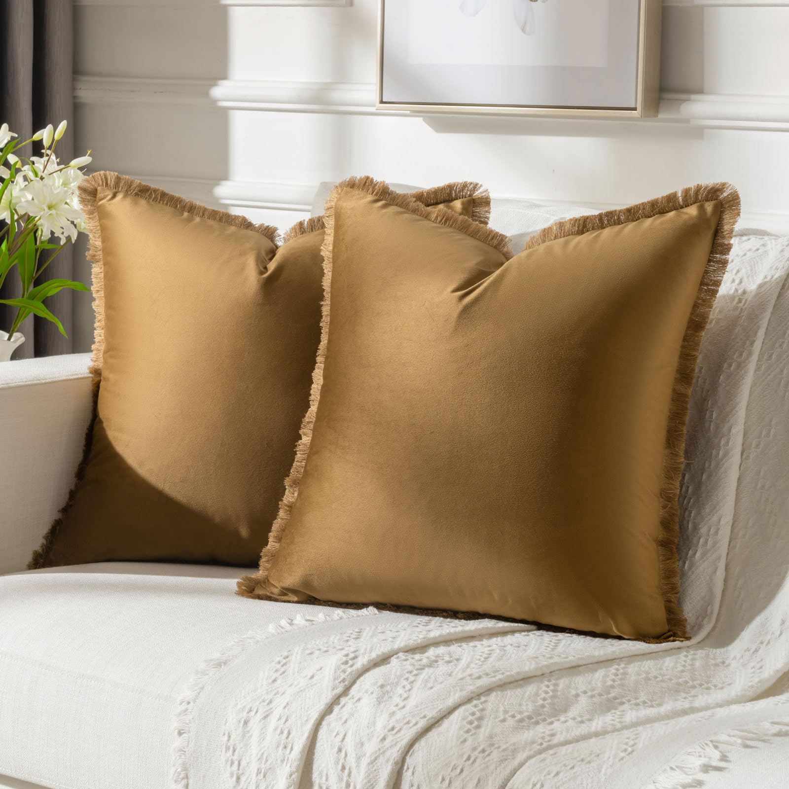 Futei Brown Boho Throw Pillow Covers With Tassels 16X16 Inch Set Of 2,Soft Velvet Decorative Cushion Case,Home Decor For Couch B