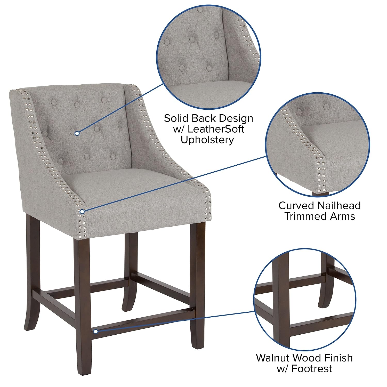 Flash Furniture Carmel Series 24' High Transitional Tufted Walnut Counter Height Stool With Accent Nail Trim In Light Gray Fabric