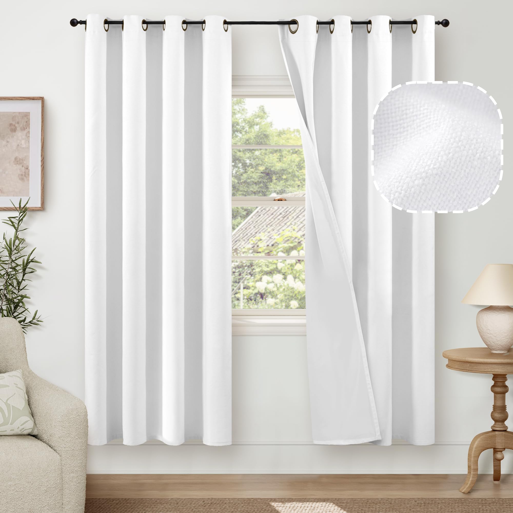 Lajode White Linen Blackout Living Room Curtains 72 Inch Long 2 Panels, Textured Black-Out Curtains For Bedroom Light Blocking,