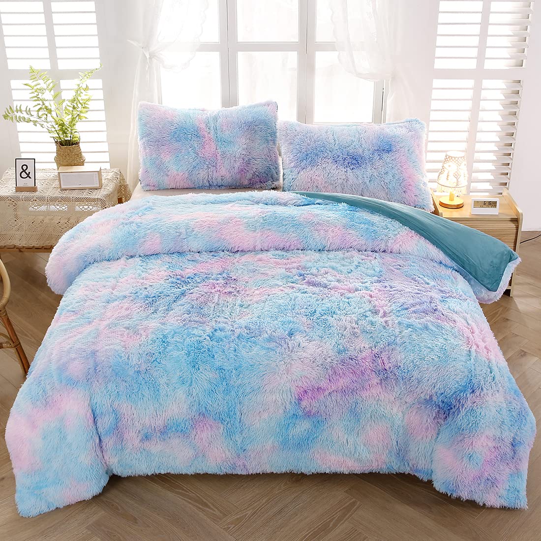 Sucses Faux Fur Duvet Cover Set Twin Size, Tie Dye Rainbow Plush Shaggy Girls Bedding Set, Soft Velvet Fluffy Fuzzy Ombre Comfor