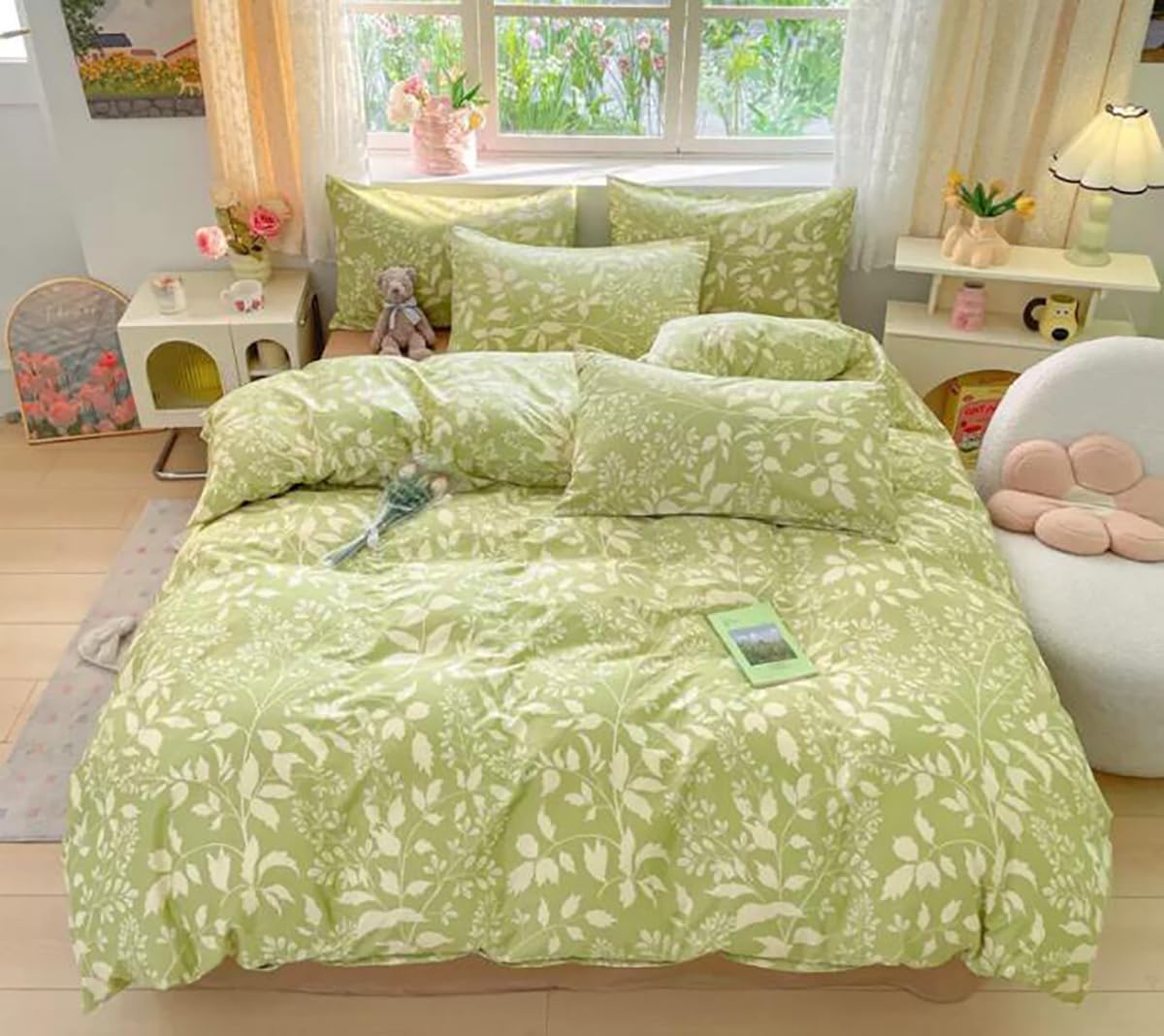Karever Green Botanical Comforter Set Full Sage Green Floral Comforter Cotton Women Girls Matcha Green Floral Plant Quilts Garde