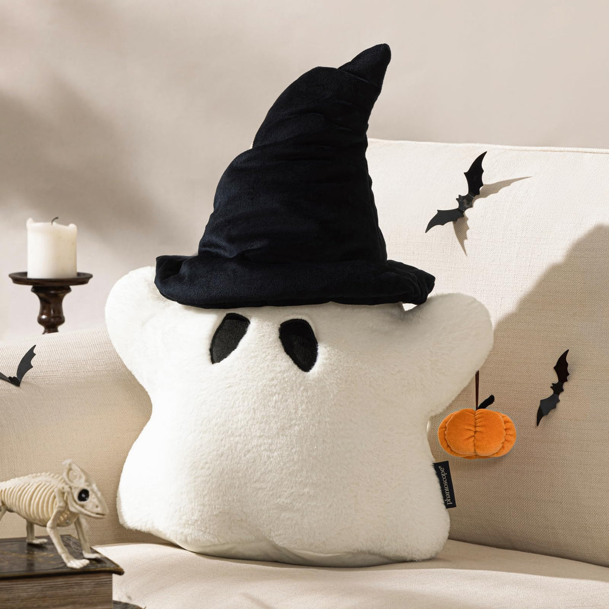 Phantoscope Happy Halloween Shaped Throw Pillow, Ghost Pillow With 3D Pumpkin, Hippie Halloween Ghost Pillow With Witch Hat Faux
