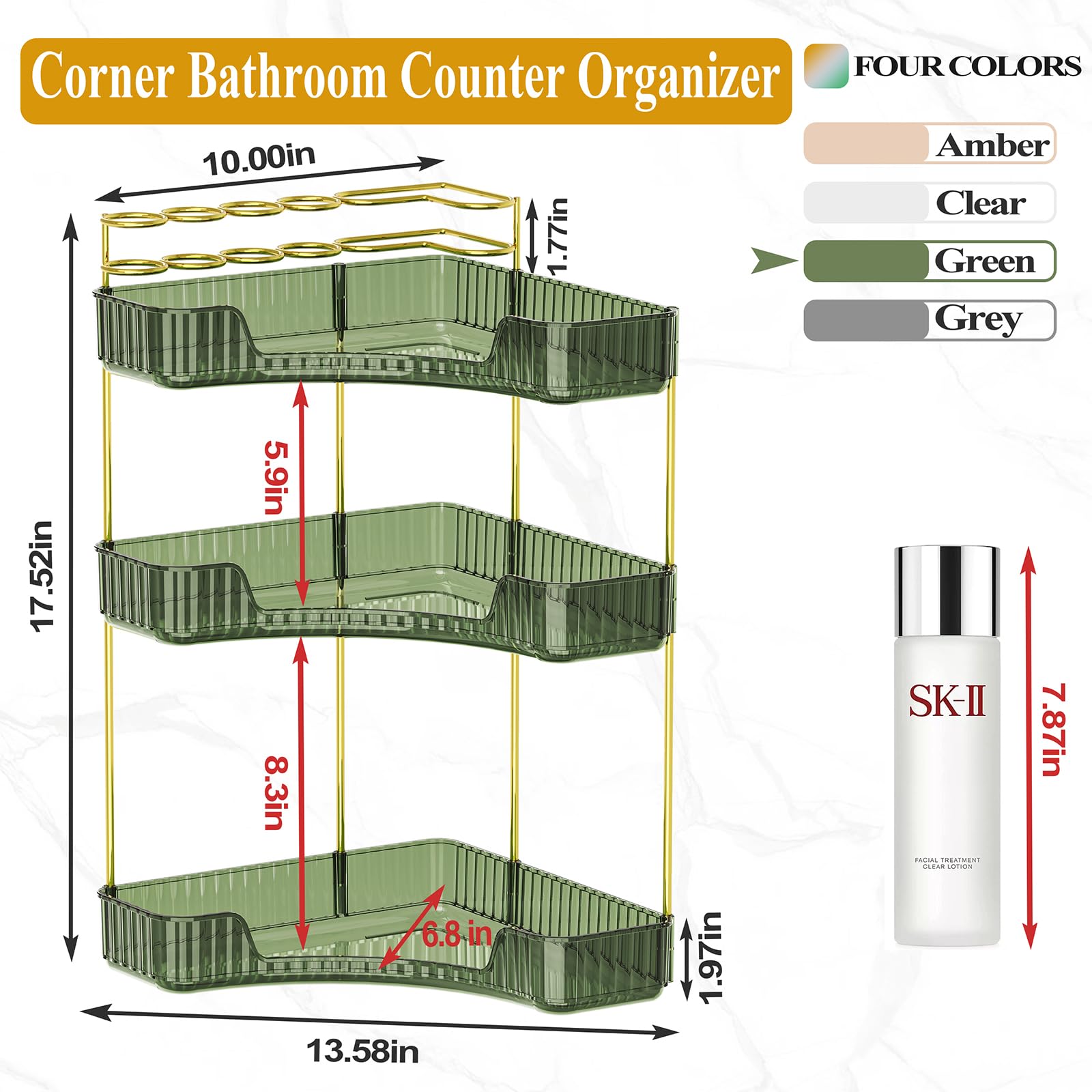 Sunzos 3-Tier Corner Bathroom Counter Organizer, Bathroom Organizer Countertop With Makeup Brush Holder, Vanity Makeup Cosmetic