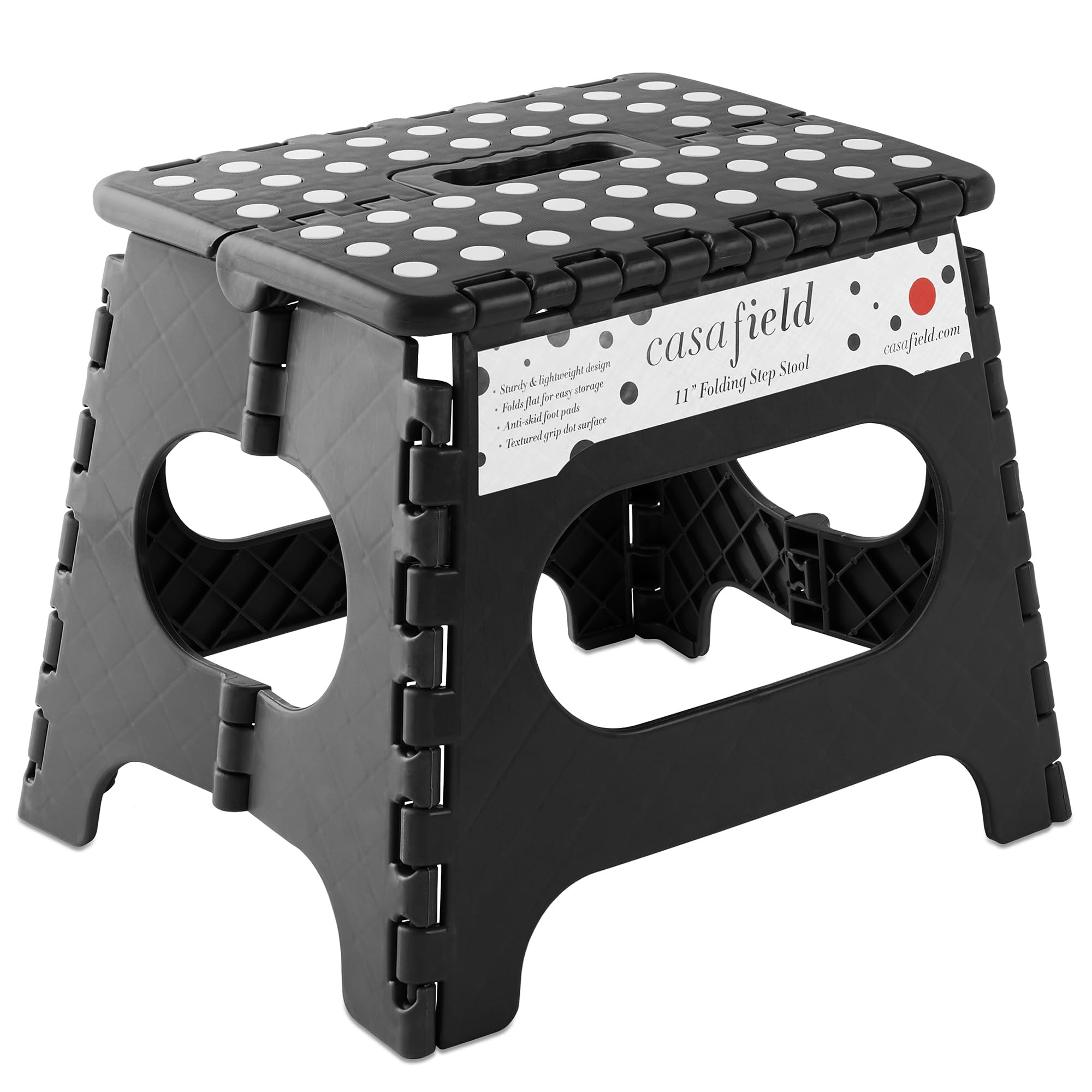 Casafield 11 Folding Step Stool with Handle, Black - Portable Collapsible Small Plastic Foot Stool for Kids and Adults - Use in 