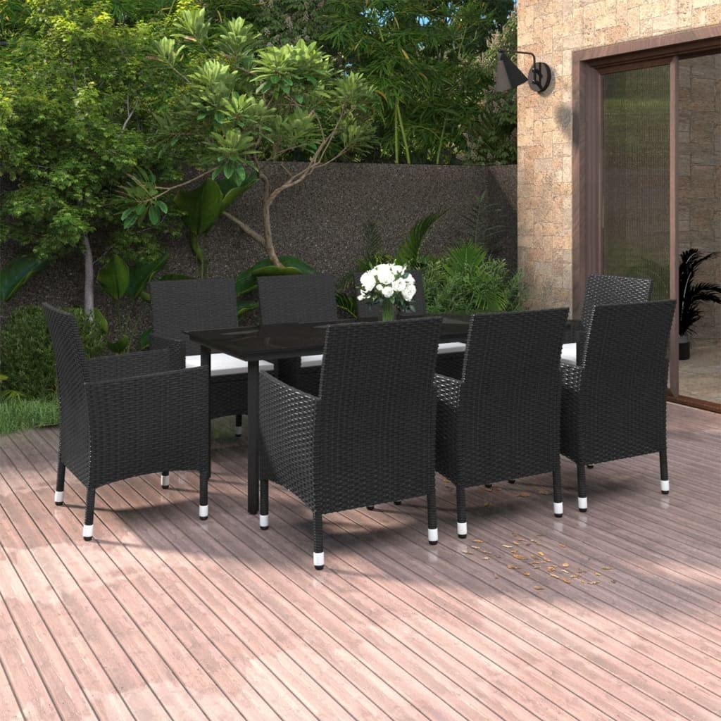 vidaXL Patio Dining Set 9 Piece with Cushions Garden Outdoor Terrace Balcony Backyard Dining Dinner Dinette Table and Chair Poly Rattan and Glass