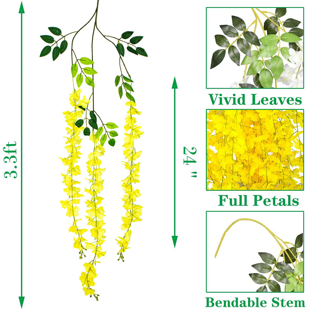 Aitisor 24 Pack Artificial Fake Wisteria Vine Ratta (3.75 Feet) Hanging Garland Silk Flowers String Home Party Wedding Decor (Ye