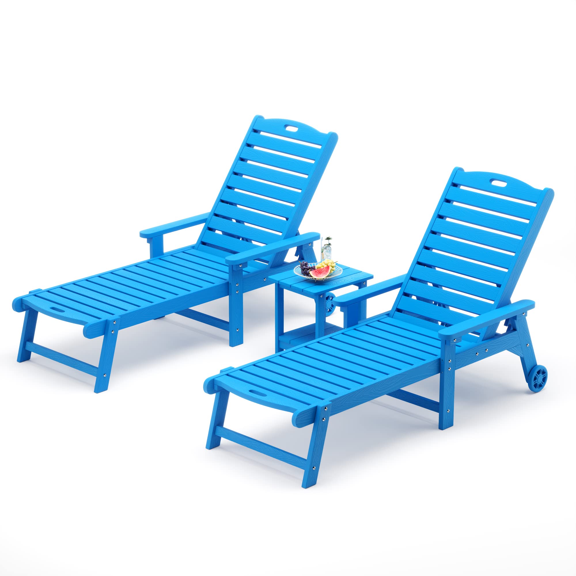 Lue Bona Chaise Lounge Chairs Set With Table, 3-Piece, Hdps Material, 3-Year Warranty, Patio Lounge Chair With Adjustable Backrest, Resin Pool Lounge Chairs With Wheels For Outside, Poolside,Blue