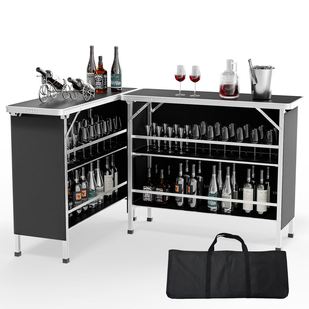 Vingli 43' Portable Bar Table, 3-Tier Shelves, Carry Bag,Mobile Bar Table For Events, Party, Camping, Picnic, Tradeshow, Outdoor & Indoor With Black Skirt(2, 43') (2) (Black-2P, 43')