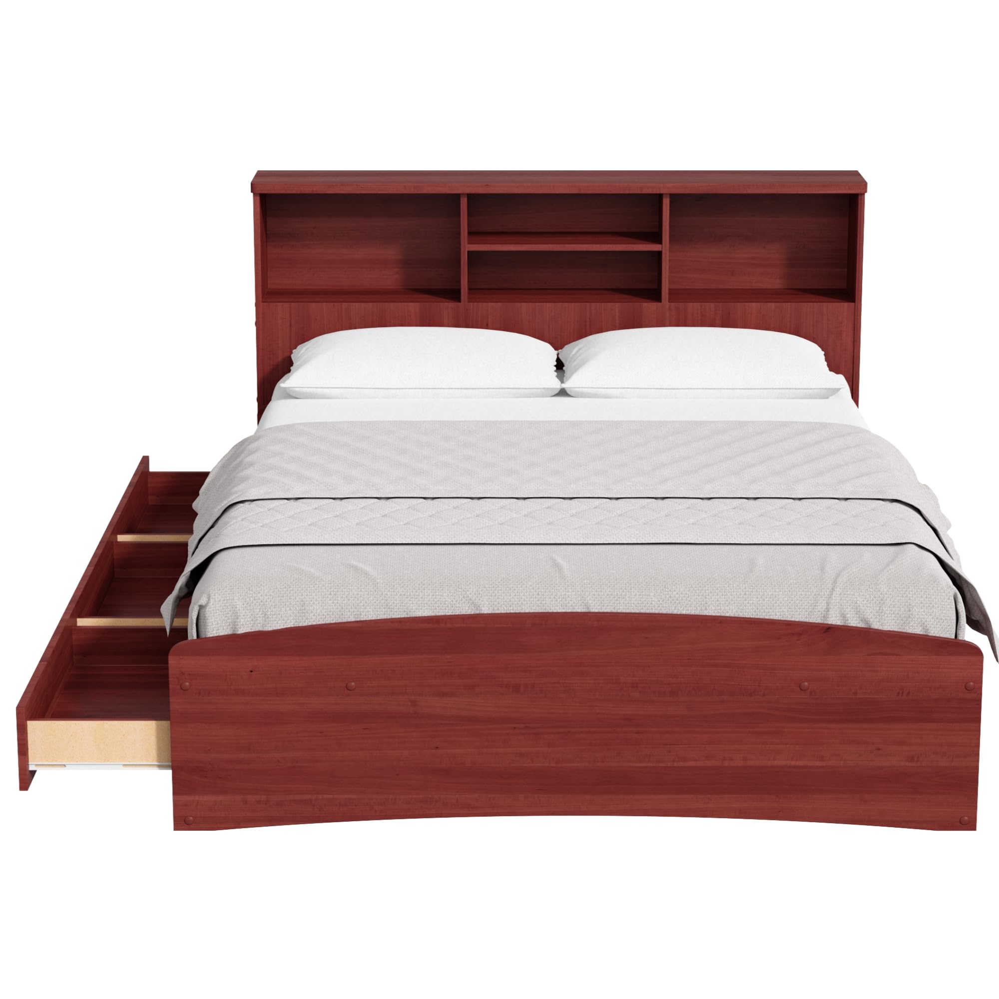 Bed with 3 Drawers and Bookcase Headboard (Mahogany, Queen)