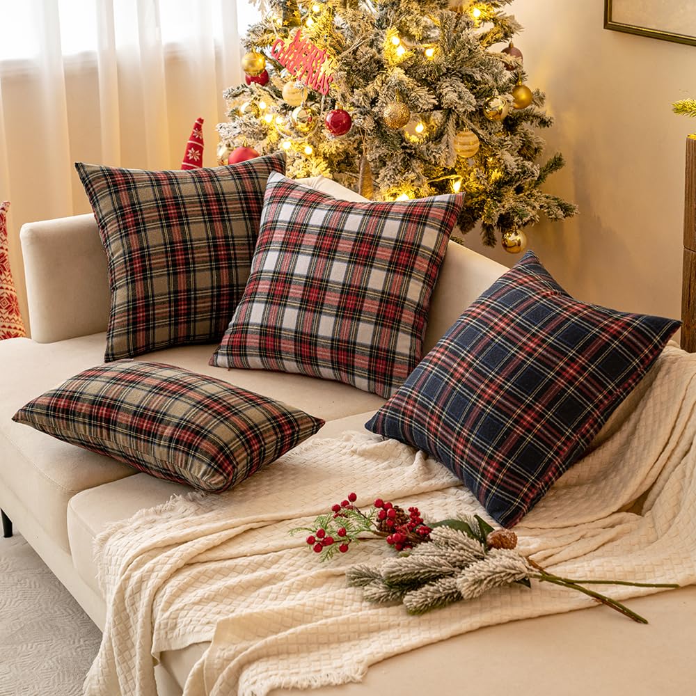 Miulee Christmas Set Of 2 Scottish Tartan Plaid Throw Pillow Covers Farmhouse Classic Decorative Square Cushion Cases For Home Decor Sofa Couch 18X18 Inch, Red And White