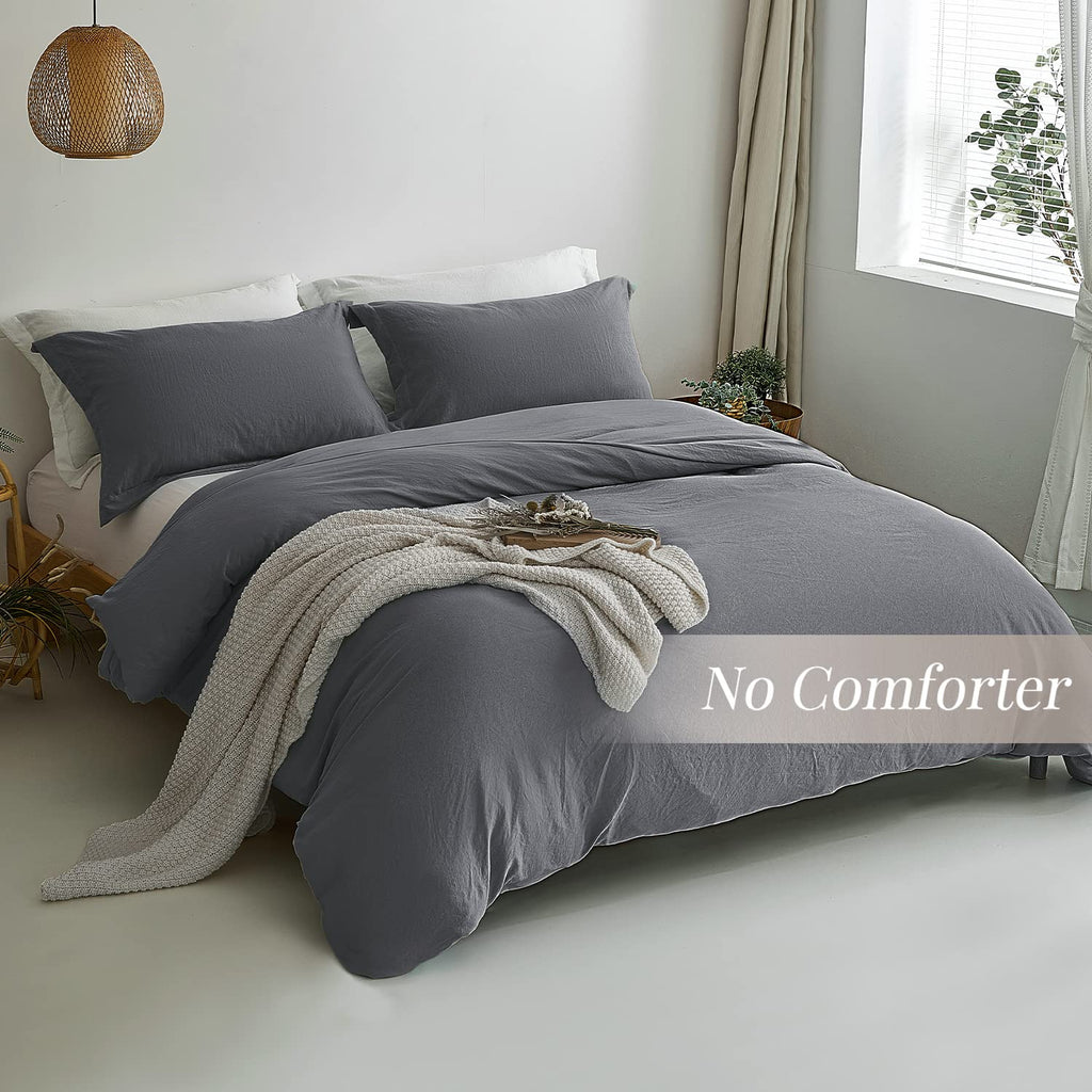 Mildly Super Soft Duvet Cover - 100% Washed Microfiber Dark Grey Comforter Cover Set 3 Pieces With Zipper Closure & Corner Ties