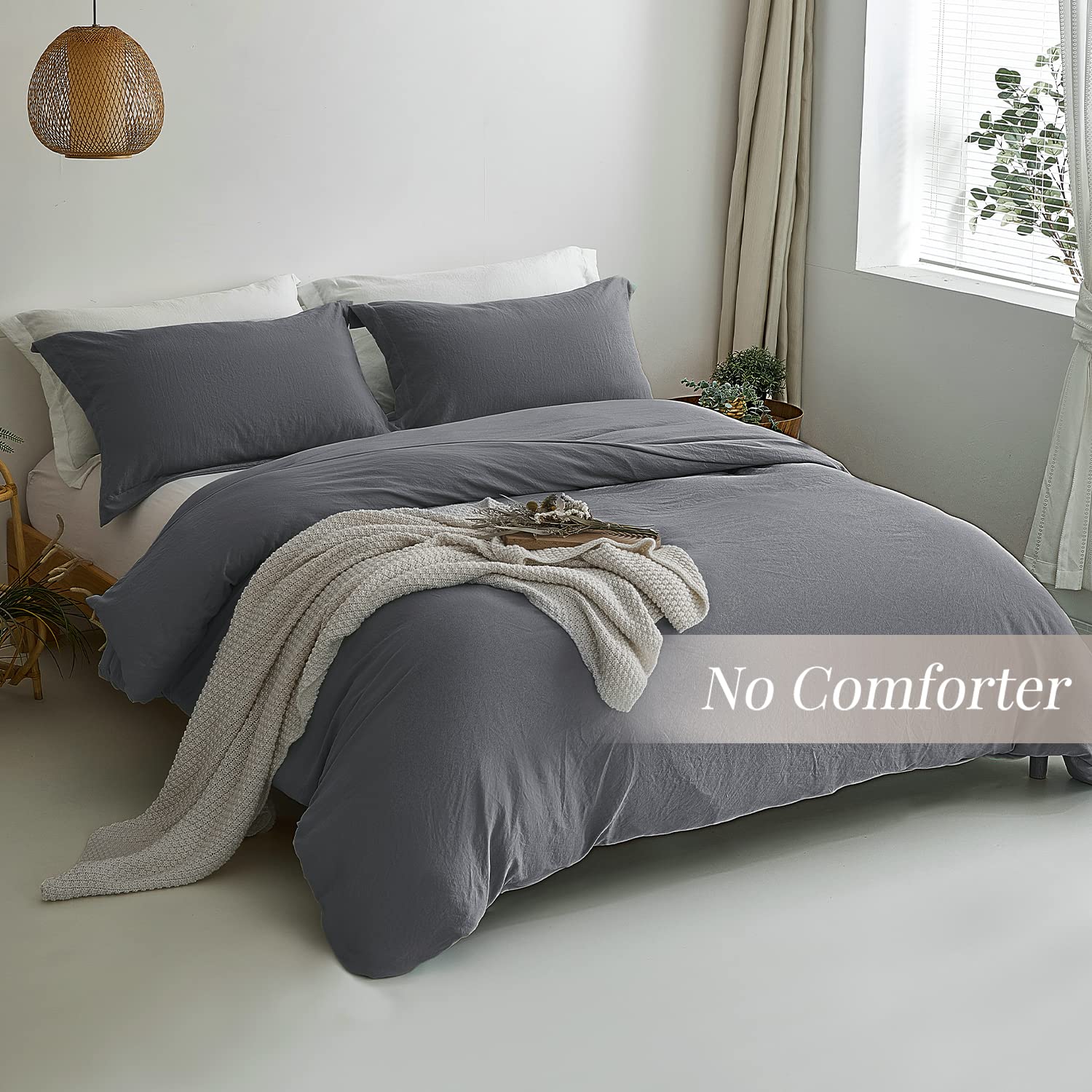 Mildly Super Soft Duvet Cover - 100% Washed Microfiber Dark Grey Comforter Cover Set 3 Pieces With Zipper Closure & Corner Ties