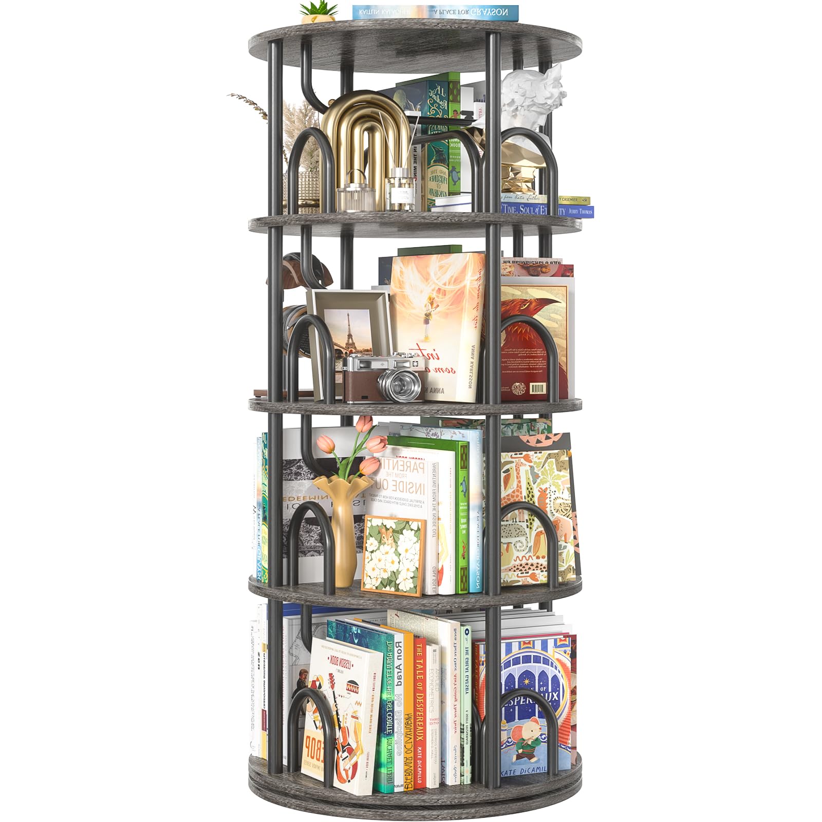 Aheaplus 4 Tier Rotating Bookshelf Tower, 360 Display Spinning Bookcase, Revolving Round Book Shelf Narrow Swivel Bookshelf, Ver