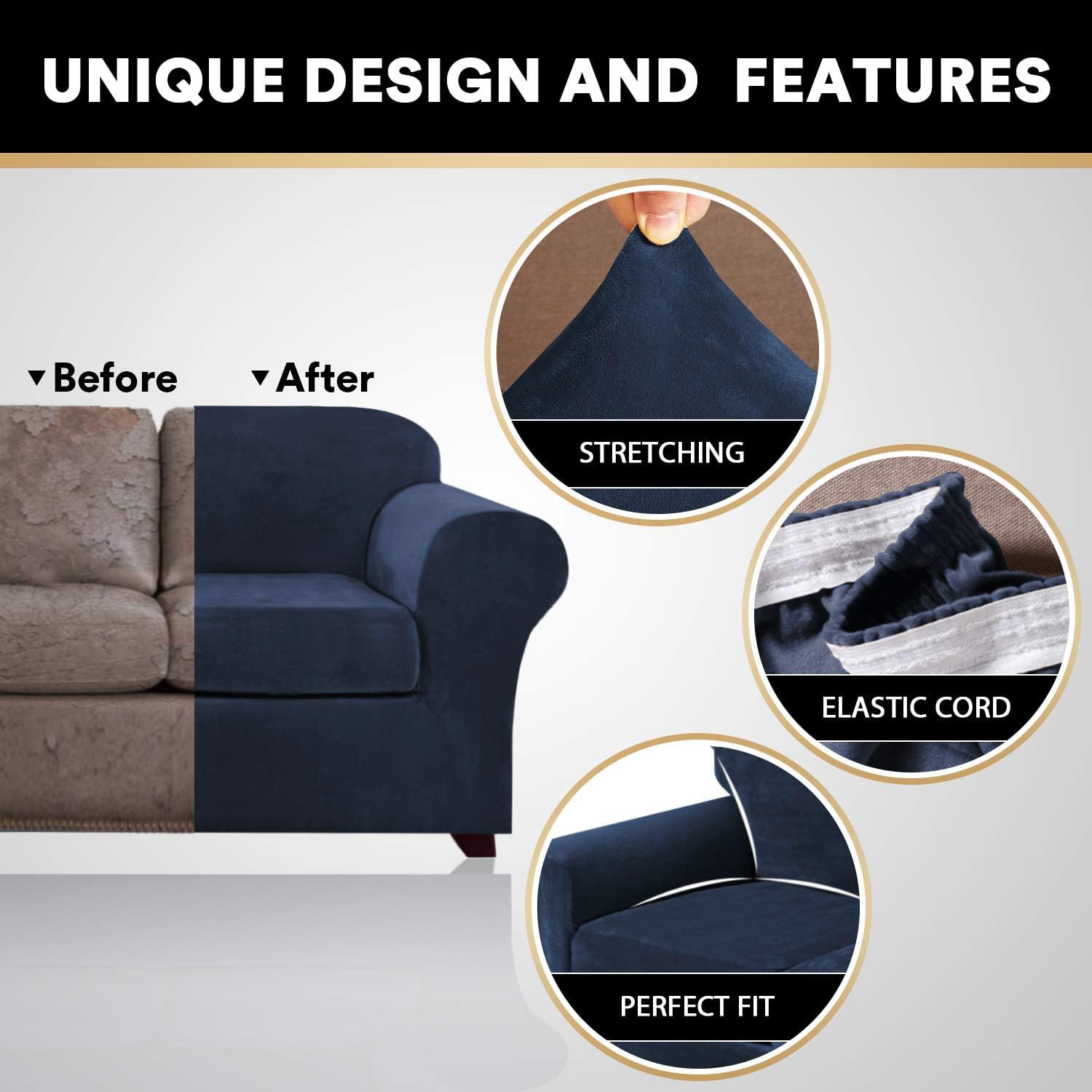 Princedeco 4 Pieces Couch Covers Velvet Couch Covers For 3 Cushion Sofa Soft Furniture Protector With Non Slip Elastic Bottom Washable Couch Covers Width Up To 90 Inch (Large, Navy)