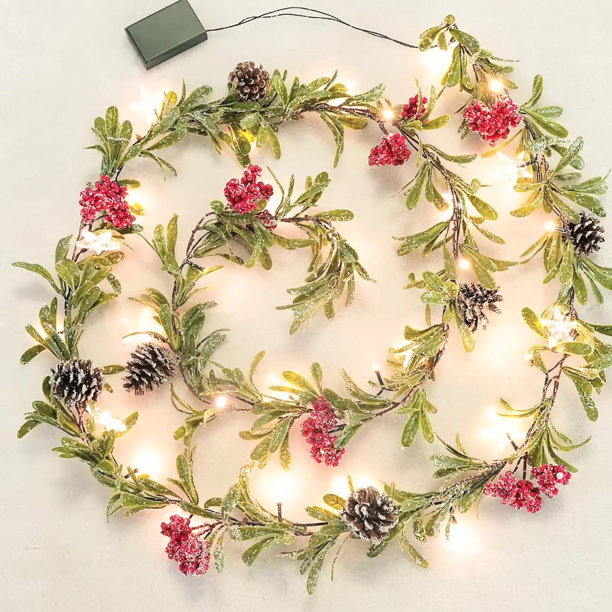 CENMORISE 9ft Snowy Olive Christmas Garland with Lights, Pines and Stars,Battery Operated Garland with Timer, Christmas Garlands