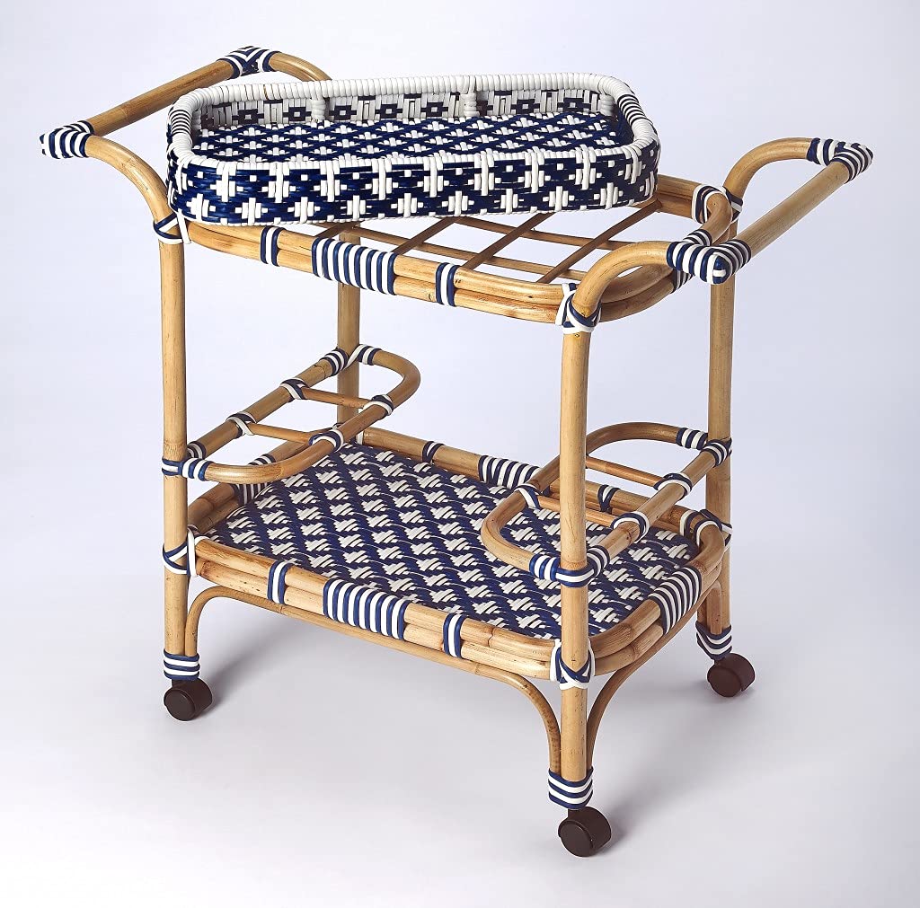 HomeRoots Rattan, PE Plastic Weave, Casters Blue and White Rattan Bar Cart