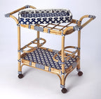 HomeRoots Rattan, PE Plastic Weave, Casters Blue and White Rattan Bar Cart