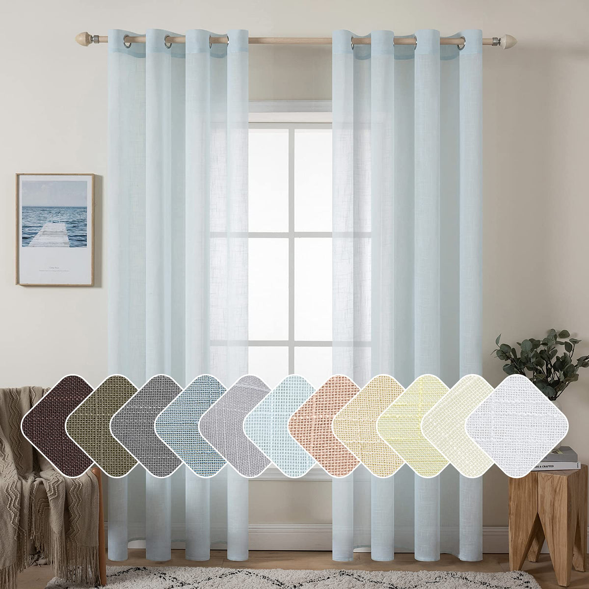 MIULEE 2 Panels Natural Linen Semi Sheer Window Curtains Elegant Solid Light Blue Drapes Grommet Top Window Voile Panels Linen T