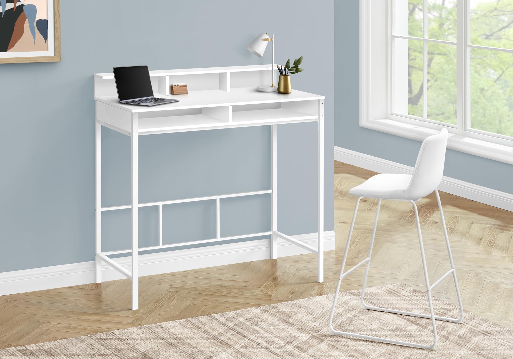Monarch Specialties 7701 Computer Desk, Home Office, Standing, Storage Shelves, 48' L, Work, Laptop, Laminate, Contemporary, Modern Desk-48 Height, 47.25' L x 23.75' W x 47.5' H, White/White Metal