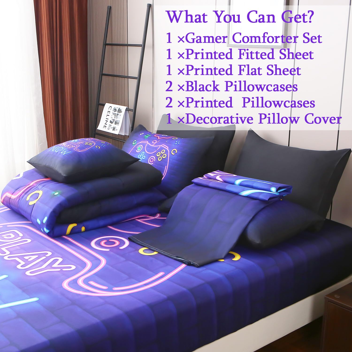 Jqinhome Full Gamer Comforter Set 8 Piece Bed In A Bag For Boys,3D Neon Light Up Design For Classic Console -All Season Soft Mic