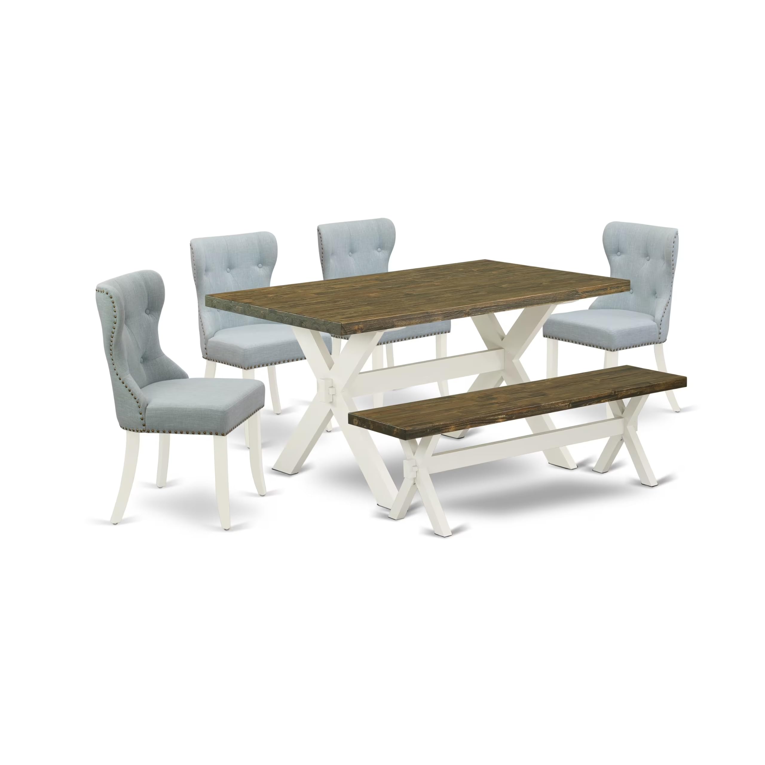 East West Furniture X076Si215-6 6 Piece Dining Table Set Contains A Rectangle Dining Room Table And 4 Baby Blue Linen Fabric Parson Chairs With A Bench, 36X60 Inch, Multi-Color