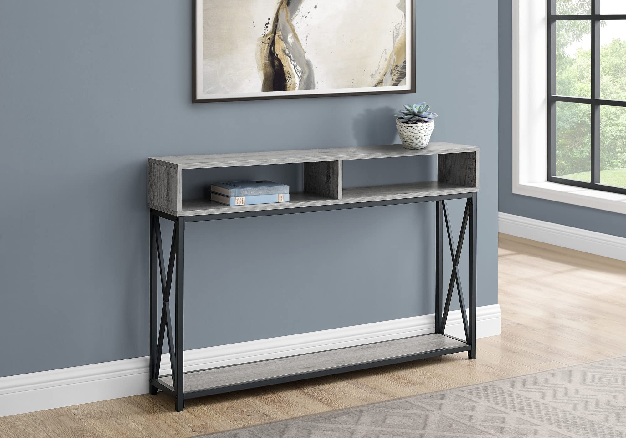 Monarch Specialties 3572 Accent Table, Console, Entryway, Narrow, Sofa, Living Room, Bedroom, Metal, Laminate, Grey, Black, Contemporary, Modern Table-48 Hall, 47.25&quot; L X 9&quot; W X 30.5&quot; H