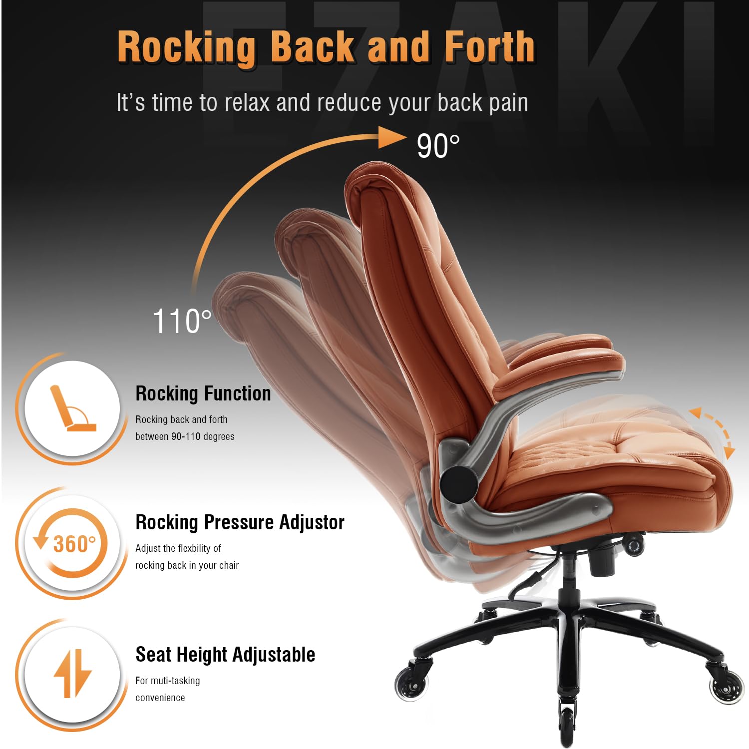 Ezaki High Back Office Chair-Flip-Up Arms Executive Computer Desk Chair, Built-In Lumbar Support Thick Padded Adjustable Rock Tension Ergonomic Design For Back Pain