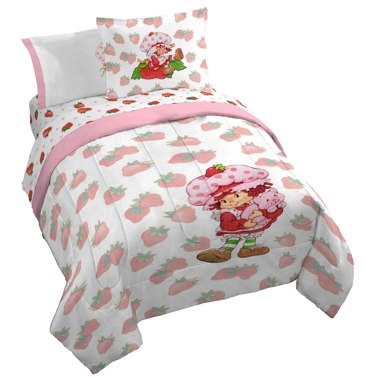 Strawberry Shortcake Queen Comforter Set - 7 Piece Bedding Includes Sheet Set & Pillow Covers - Super Soft Pink & White Kids Bed