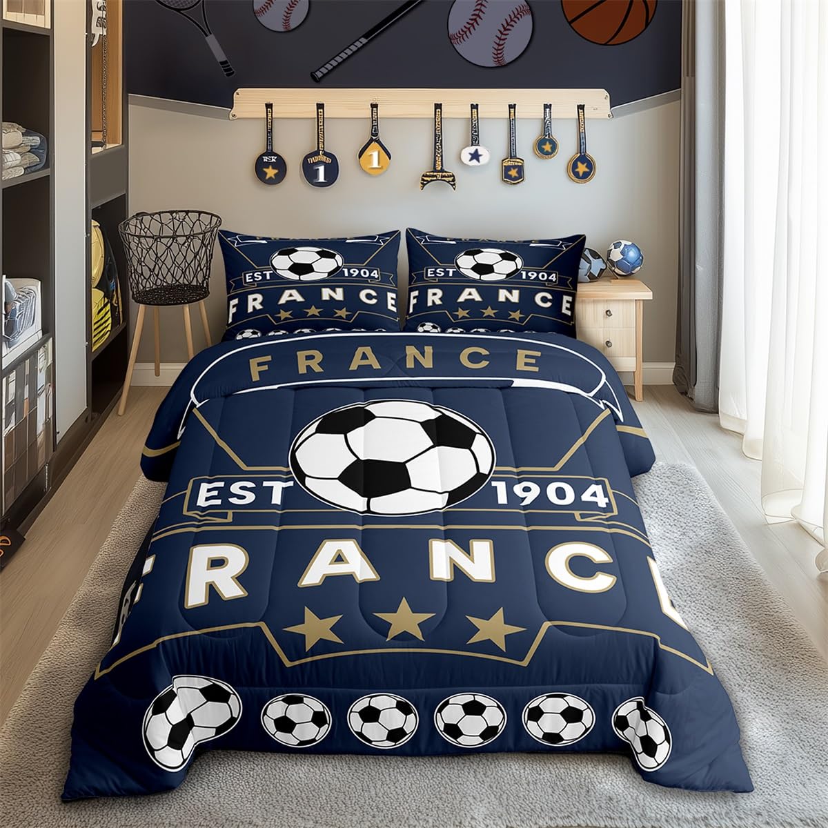 Feelyou Football Sport Bedding Set Full Size Soccer Theme For Kids Boys Comforter Set France Football Teens Duvet Set Navy Blue