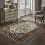 HomeRoots 508036 8 x 11 ft. Ivory Beige Red Blue Gold Green & Navy Oriental Power Loom Stain Resistant Rectangle Area Rug with Fringe