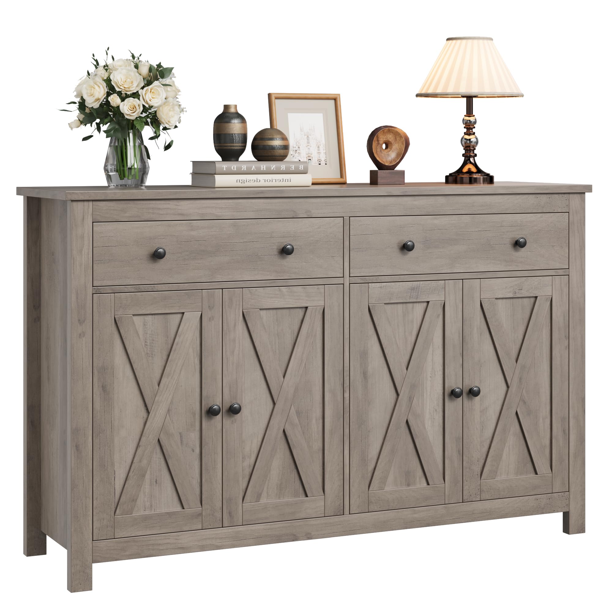 FOTOSOK Sideboard Buffet Cabinet with Storage, 55'' Large Kitchen Storage Cabinet with 2 Drawers and 4 Doors, Wood Coffee Bar Ca
