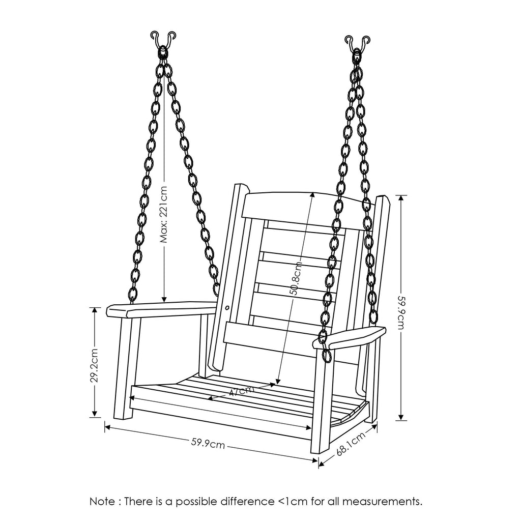 Furinno Tioman Hardwood Patio / Garden / Outdoor 2Ft Porch Swing, 1 Seater With Hanging Chains, Natural