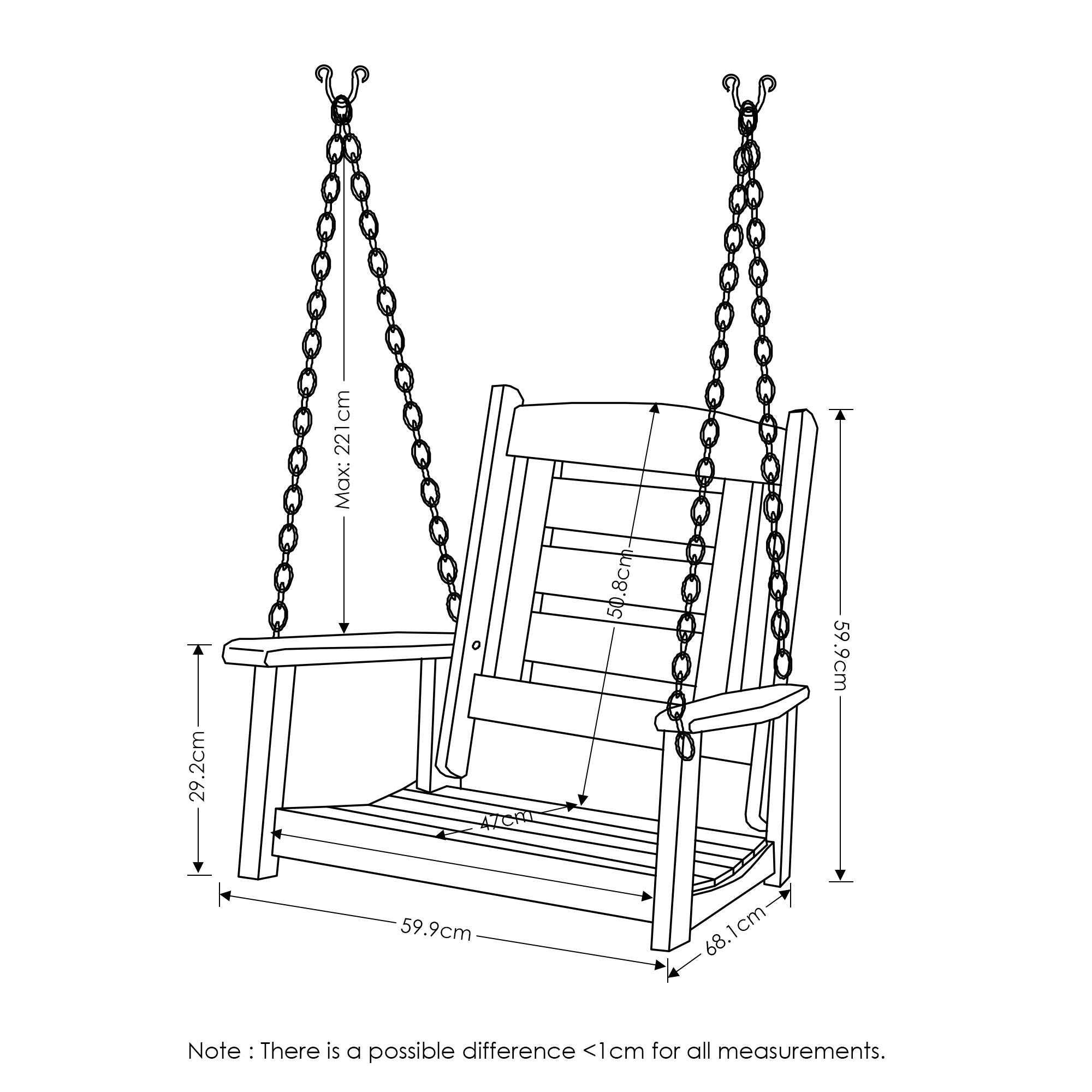 Furinno Tioman Hardwood Patio / Garden / Outdoor 2Ft Porch Swing, 1 Seater With Hanging Chains, Natural