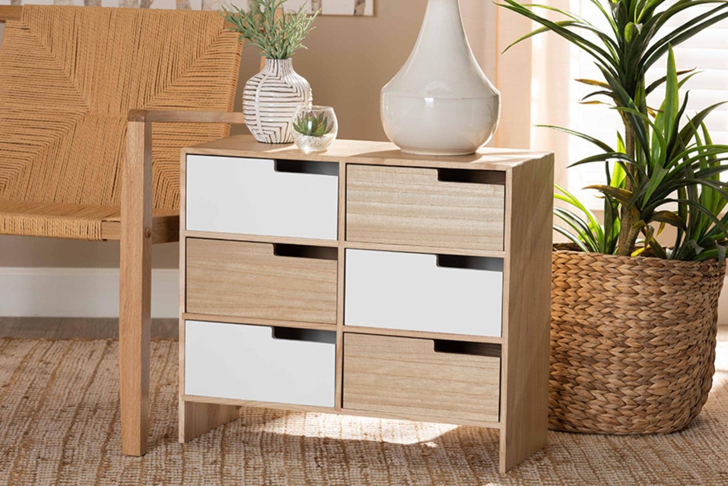 Baxton Studio Eben White and Oak Brown Finished Wood 6-Drawer Storage Cabinet