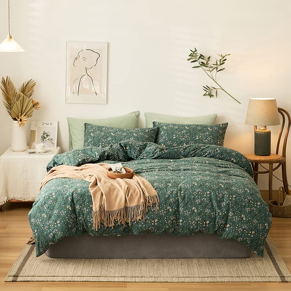 Lifetb Green Floral 100% Jersey Knit Cotton Duvet Cover Queen Vintage Style Botanical Floral Bedding Set Chic Shabby Green Flora