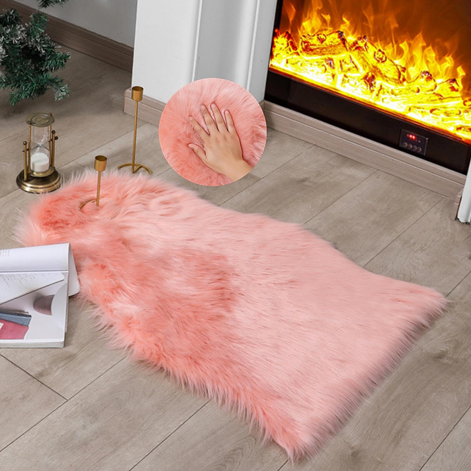 linmopm Faux Fur Rug Sheepskin Shag Fluffy Fuzzy Pink 2x3 ft Small Rugs for Bedroom Bedside Bed Floor Living Room Plush High-Den