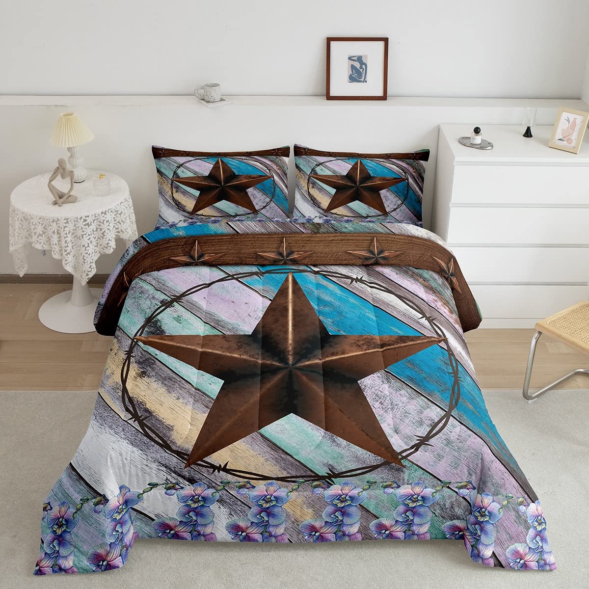 Western Texas Star Kids Comforter Set Queen Size,Vintage Wooden Board Florals Bedding Set,Girls Boys Adults Bedroom Decor,Rustic