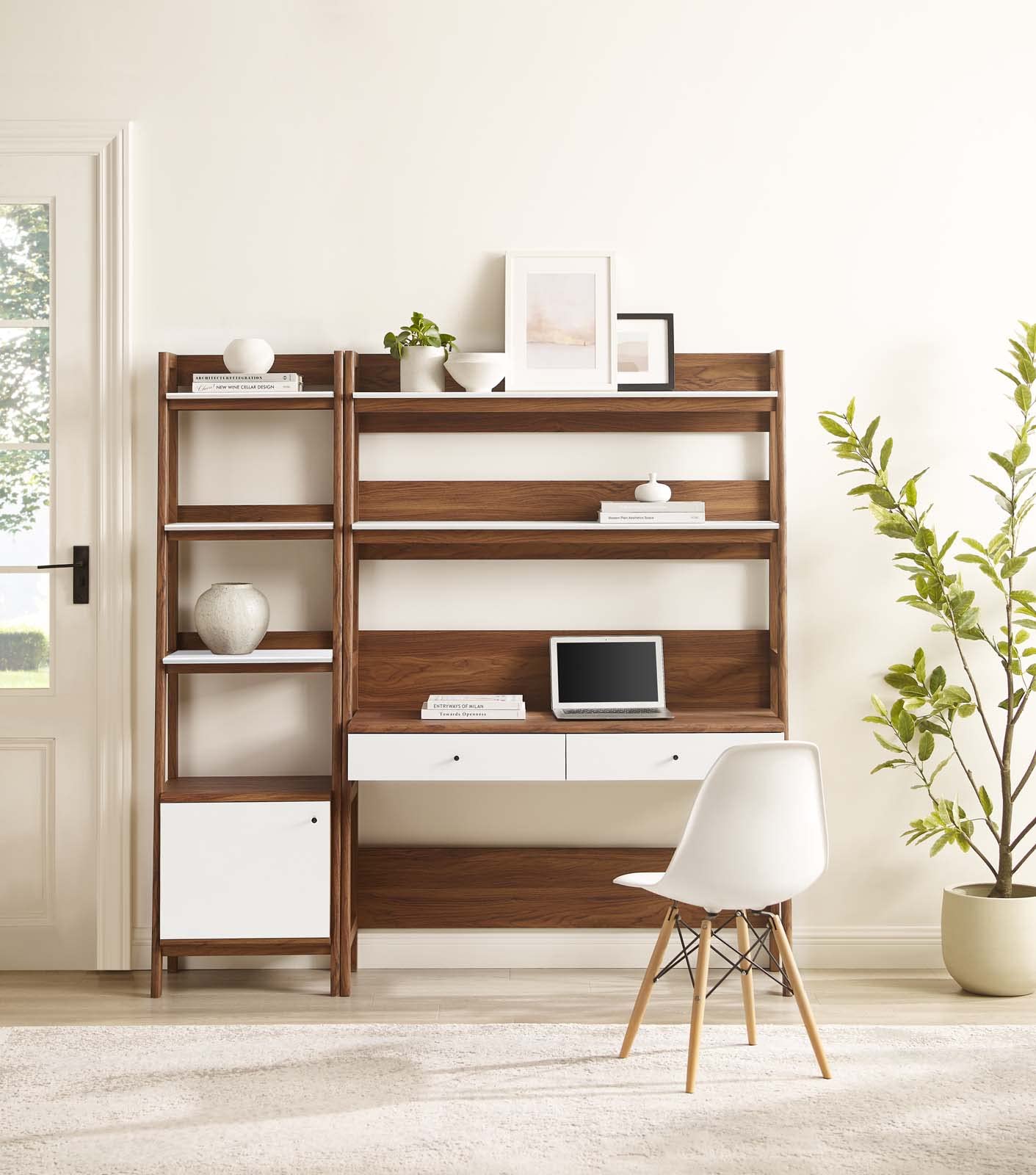Modway Bixby 2-Piece Home Office Desk and Bookshelf Display Case in Walnut White