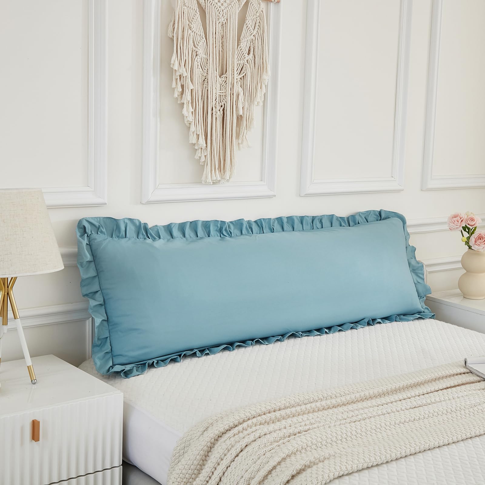 Dusty Blue Body Pillow Cover 20X54Inches Long Pillowcase Ruffled Pillowcases Shabby Chic Ruffled Fringe Decor Body Ruffled Pillo