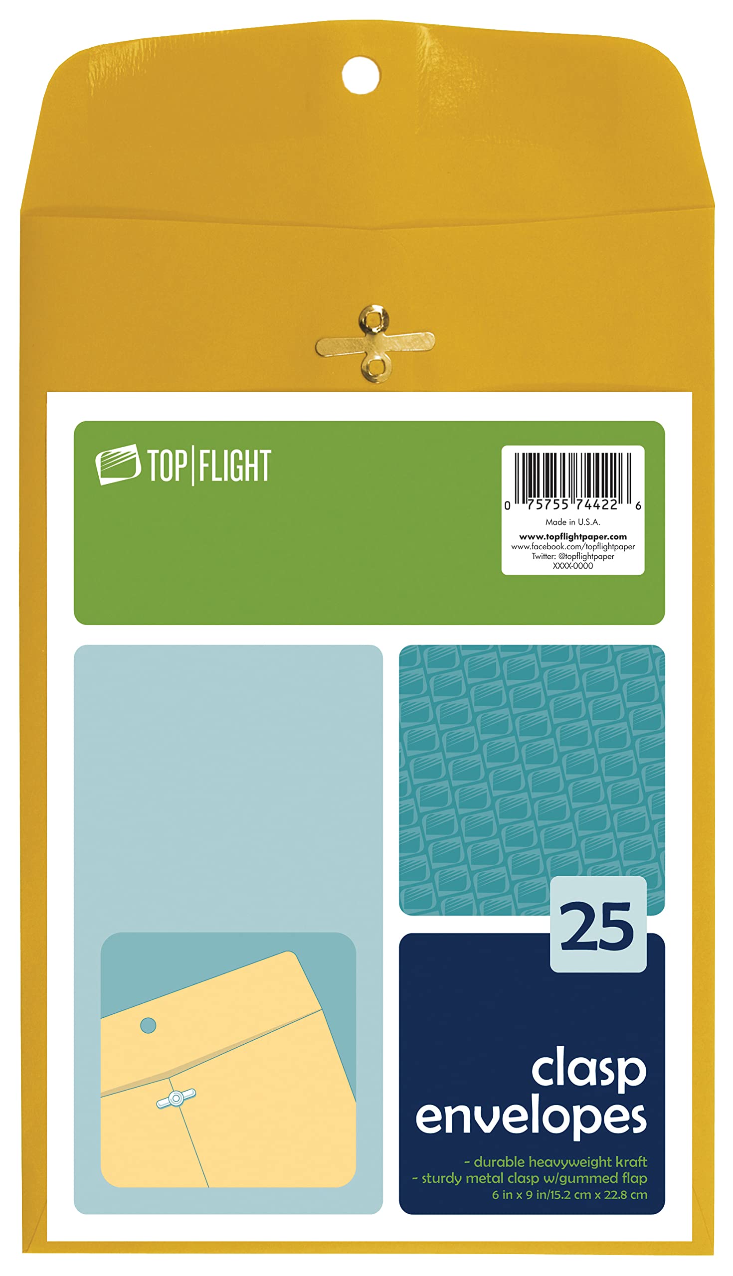 Top Flight Clasp Envelopes, Gummed And Clasped Closure, 6 X 9 Inches, Brown Kraft, 25 Envelopes Per Pack (6911114)