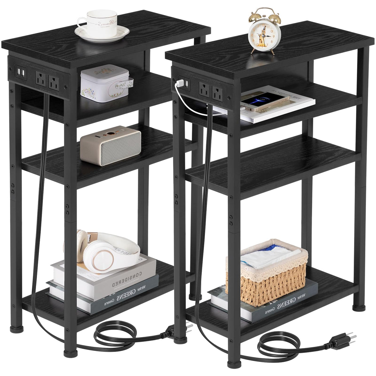 Amhancible Narrow Side Table With Charging Station, Skinny End Tables Living Room Set Of 2, Slim Nightstand With Storage Shelf For Small Spaces, Black, Hetn04Bk