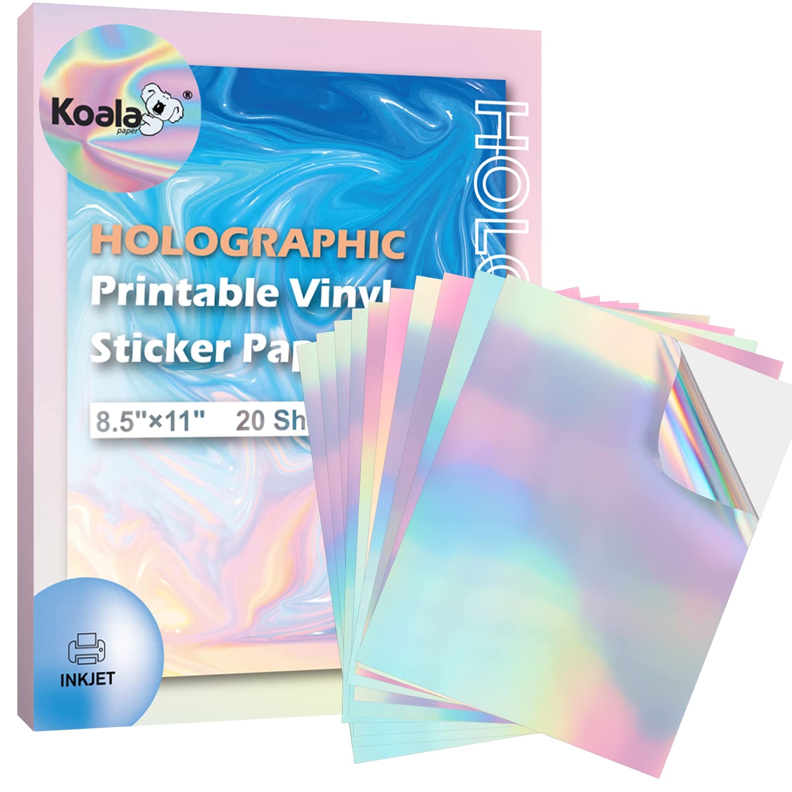 Koala Holographic Sticker Paper For Inkjet Printer 20 Sheets 8.5X11 Inch Printable Vinyl Sticker Paper Rainbow Waterproof Sticke