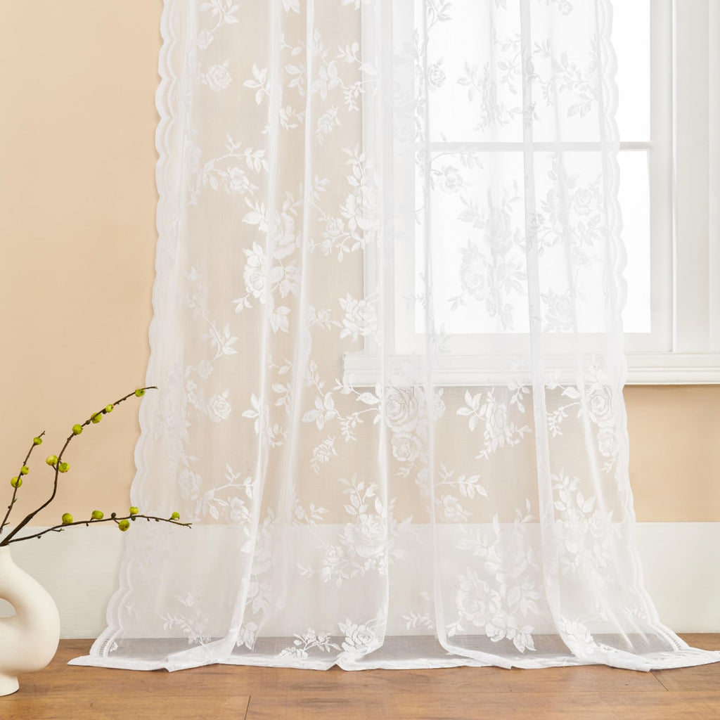 Seekright White Lace Curtains 90 Inches Long 2 Panels Victorian Floral Sheer Curtains For Living Room Bedroom Rod Pocket Light F