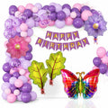 Velunza Set Of 56 Pcs Butterfly Theme Birthday Decoration Kit With Purple Happy Birthday Paper Banner, Pastel & Confetti Balloon