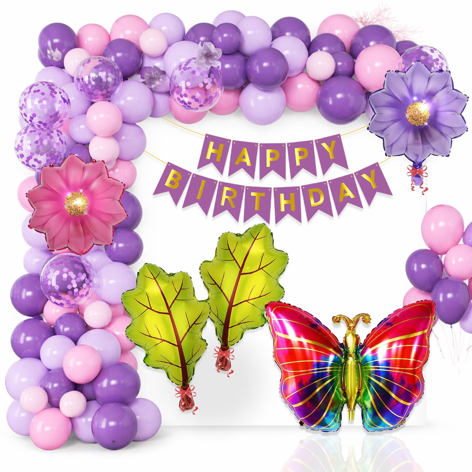 Velunza Set Of 56 Pcs Butterfly Theme Birthday Decoration Kit With Purple Happy Birthday Paper Banner, Pastel & Confetti Balloon
